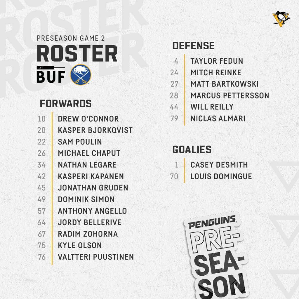 penguins's tweet photo. Let's take this on the road!

Here's the lineup for our second preseason game, which will be streamed locally, thanks to some help from the @BuffaloSabres ⬇️ https://t.co/nmWuHrUtxg