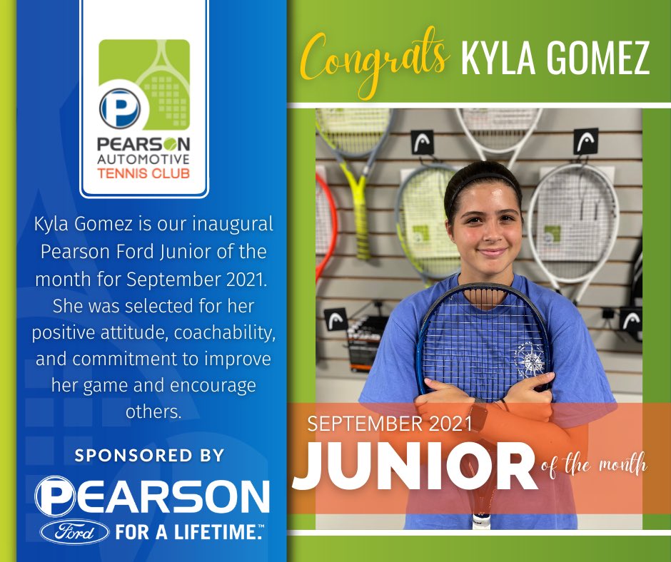 PearsonTennis's tweet photo. Our inaugural Pearson Ford Junior of the Month award goes to Kyla Gomez.
Kylaโs commitment to the game and on court improvement this fall has been fun to watch. Setting the bar high!
Congratulations, Kyla!
#PearsonFord #PearsonTennis๐พ #ServingSomethingSpecial https://t.co/yPlyhXopPh
