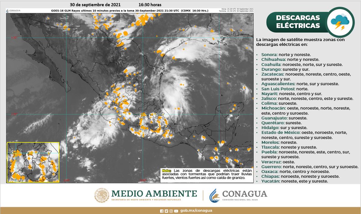 conagua_clima's tweet photo. Zonas con #DescargasEléctricas registradas esta tarde de  jueves.
Se concentran en regiones de  #Coahuila, #Zacatecas, #Jalisco, #Michoacán, #EdoMéx, #Puebla y #Guerrero. https://t.co/Jvs0aUoEA3