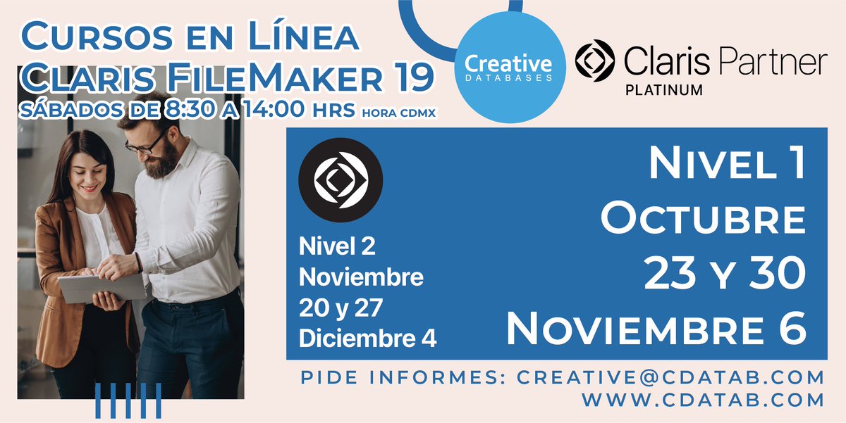 ¡Continuemos aprendiendo Claris FileMaker!
Curso Nivel 1
En Sábado, En Linea
23 y 30 de Octubre y 6 de Noviembre de 2021 de 8:30 a 14:00 hrs
Si quieres más información mándanos mensaje y te responderemos en seguida
#FileMaker #OnLine #Cursos #CDMX