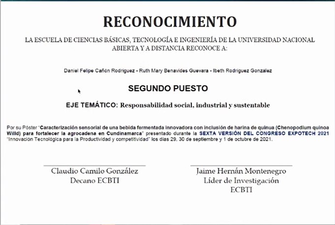 EXPOTECH 2021:🎉Felicitaciones a las Ings. Ruth Benavides e Ibeth Rodríguez y al estudiante Daniel Cañón por obtener 2° puesto en la participación en Expo póster Eje temático Responsabilidad social, industrial y sustentable. <a href="/EXPOTECH_UNAD/">Expotech_UNAD</a> <a href="/ClaudioCamiloG1/">Claudio Camilo Gonzá</a> <a href="/IngClaraS/">Clara Sanchez</a> <a href="/Ruthmarybe/">Ruthmary</a>