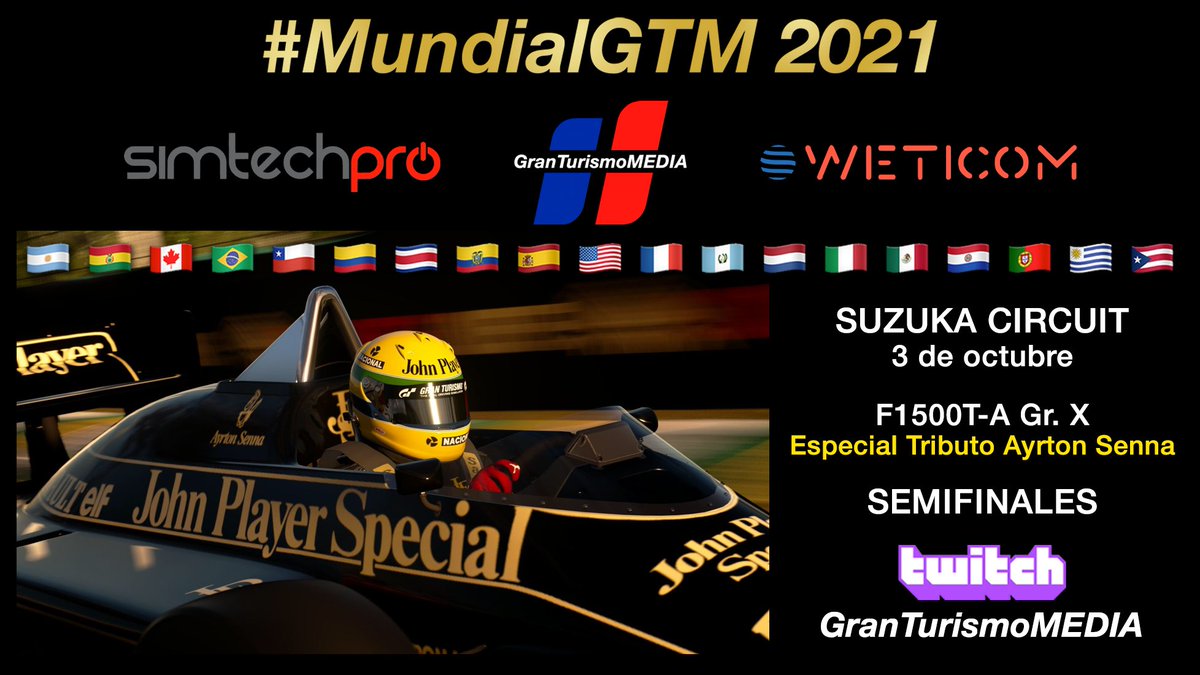 #MundialGTM SEMIFINALES 
Inauguración del canal Twitch de #GranTurismoMEDIA

Domingo 3 a las 22:00 Suzuka (Tributo A. Senna)

Ya puedes seguir y activar las alertas, es tu invitación a la inauguración del canal.

twitch.tv/granturismomed…

<a href="/Simtechpro/">SimtechPro</a> <a href="/WeTICOM_USA/">WeTICOM</a> <a href="/GTSportMedia/">GranTurismoMEDIA Comunidad de pilotos y equipos.</a>