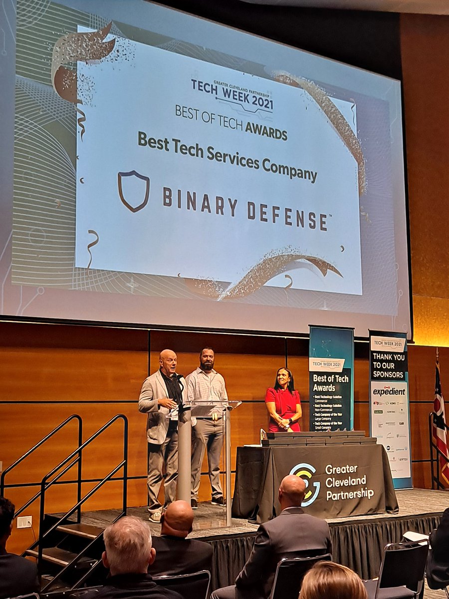 GreaterCLE's tweet image. This year&apos;s award for Best Tech Services Company goes to @Binary_Defense. Congratulations! #bestoftech #gcptechweek