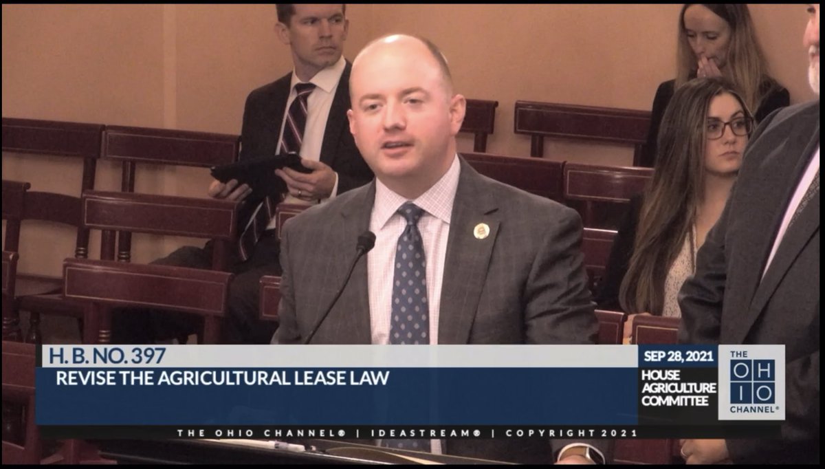BrianStewartOH's tweet photo. This week I gave sponsor testimony on my new #HB397 that will revise the law regarding agricultural leases, reducing litigation among farm families in Ohio’s No. 1 industry. Thanks to Chairman @repkoehler. You can watch my testimony here: https://t.co/AEEsz4pRsh https://t.co/Z6M6aX2RpR