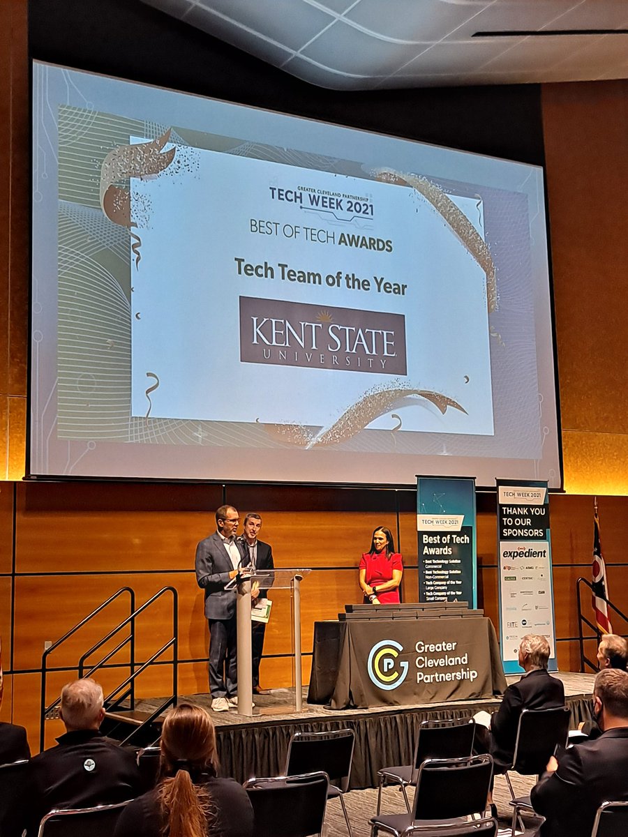 GreaterCLE's tweet image. Congrats to @KentStateDoIT, winner of the Tech Team of the Year Award! #bestoftech #gcptechweek