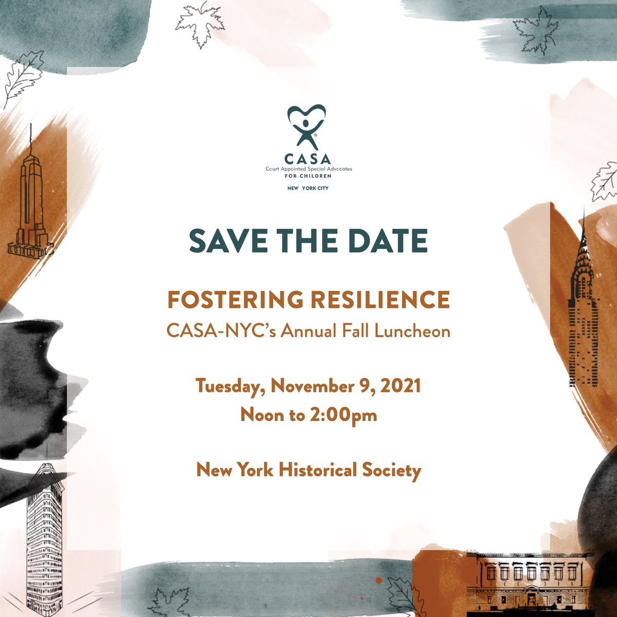 CASA_NYC's tweet photo. Please save the date for our Fostering Resilience Fall Luncheon on Nov. 9, 12-2pm at @NYHistory! More information on sponsorship and tickets #comingsoon. #CASANYC https://t.co/oR2OsSCGnB