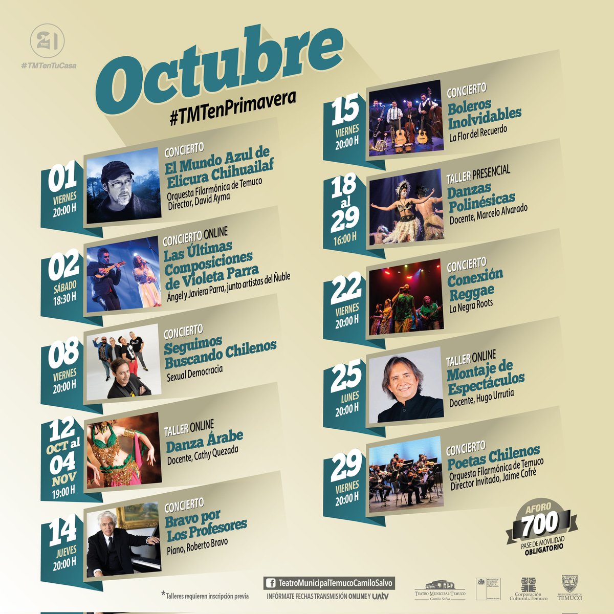 Octubre será un mes lleno de desafíos con grandes oportunidades para disfrutar de la música y la danza, no te pierdas nuestros espectáculos seguimos conectados con la cultura 

#PanoramasTemuco #culturaaraucanía    <a href="/munitemuco/">Muni de Temuco</a>