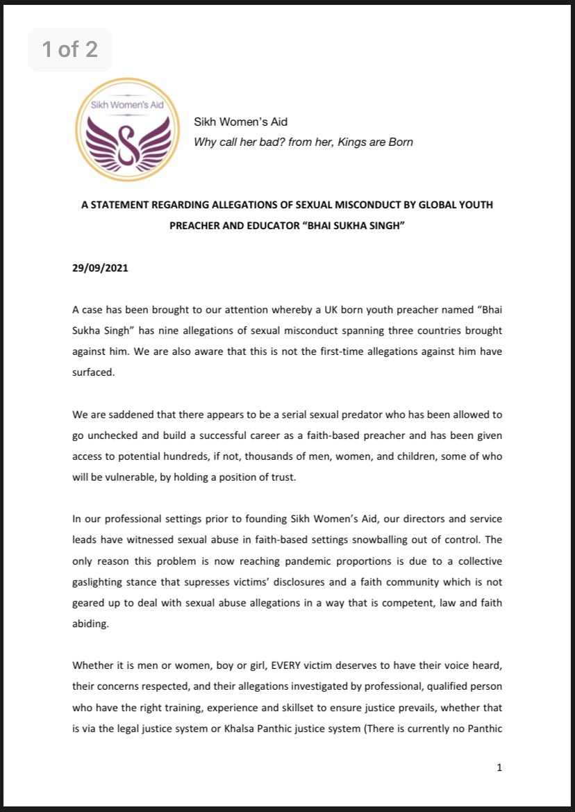 Sikh Womens Aid on X: We were saddened but not surprised, to hear yet more  allegations of sexual abuse in faith setttings. Nine young men named global  youth preacher Bhai Sukha Singh