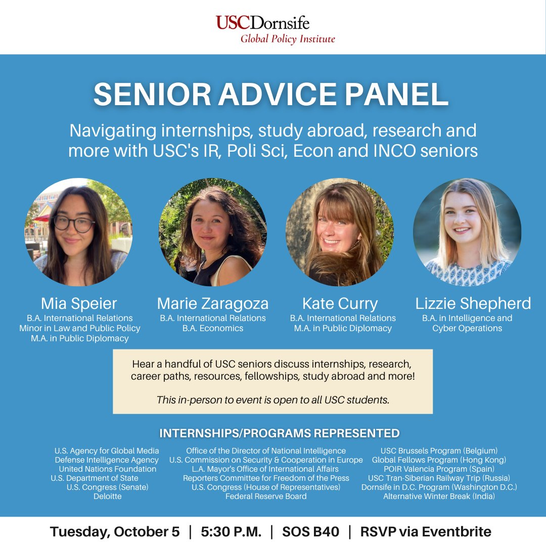 uscgpi's tweet image. The USC Global Policy Institute invites all students to hear from a panel of @USC seniors about professional and academic development in the social sciences!

Come learn about internships, research, study abroad, fellowships and scholarship opportunities!
