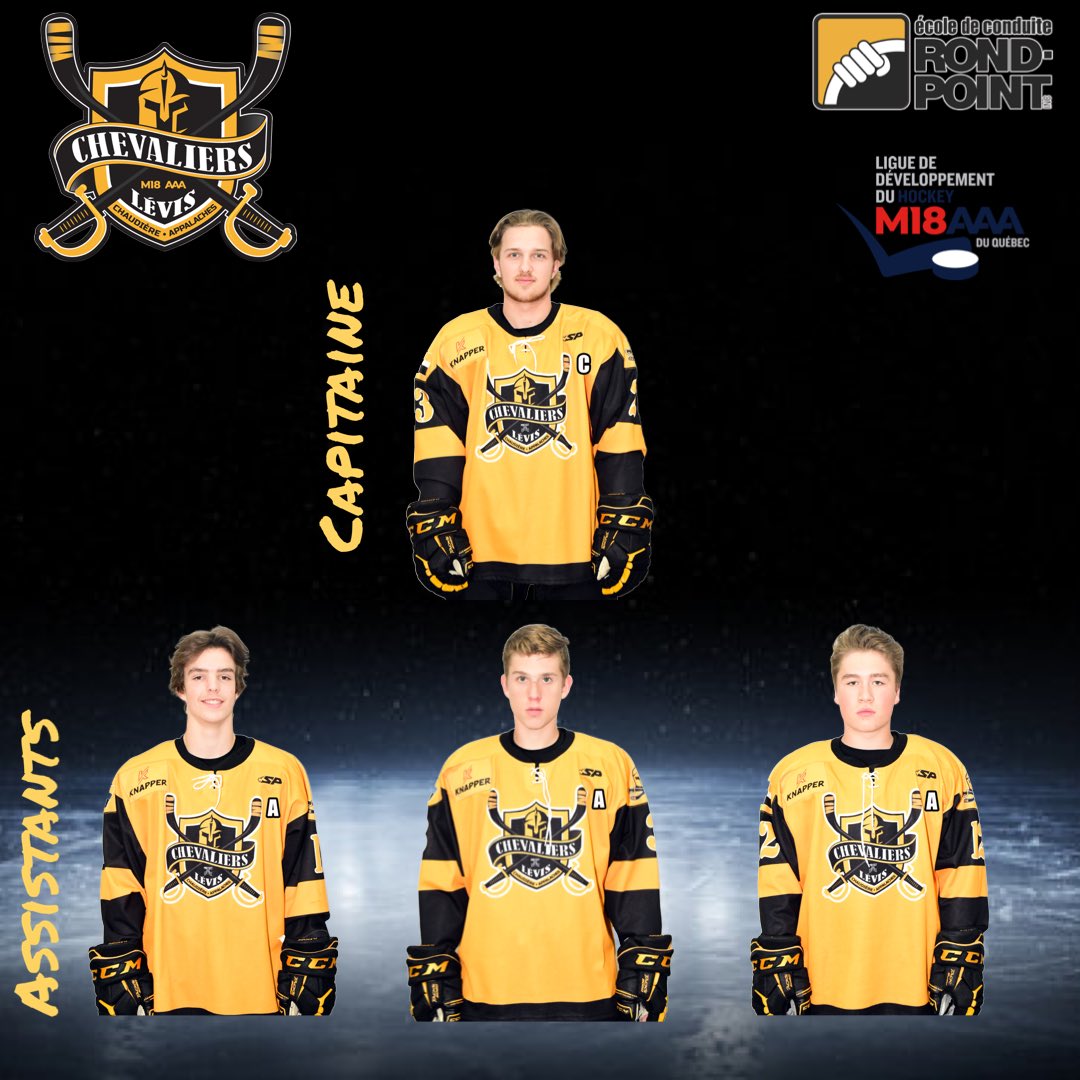 Chevaliersaaa's tweet photo. CAPITAINE ET ASSISTANTS ⚔️🏒

Jérôme M-Nadeau arborera le « C » lors de la saison 2021-2022. Émile Duquet, Xavier Daigle et Eliott Simard seront assistants! 

@LHM18AAAQ 

#gochevaliersgo https://t.co/OtYH6Bbs8k