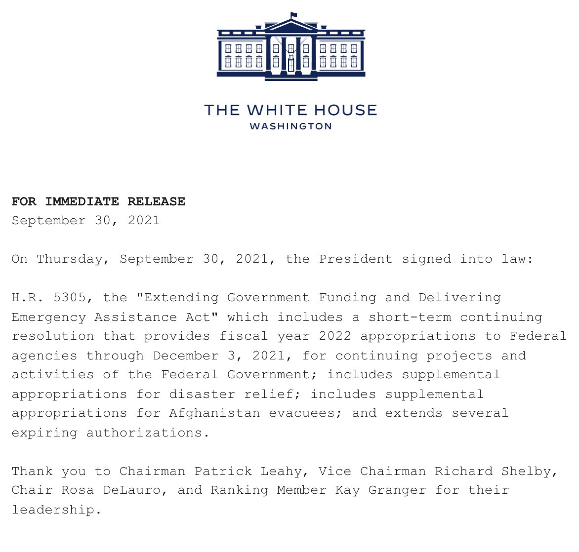 Federal Government Shutdown Averted. President Biden signed the CR into law extending gov't funding past tonight's midnight deadline through December 3rd.