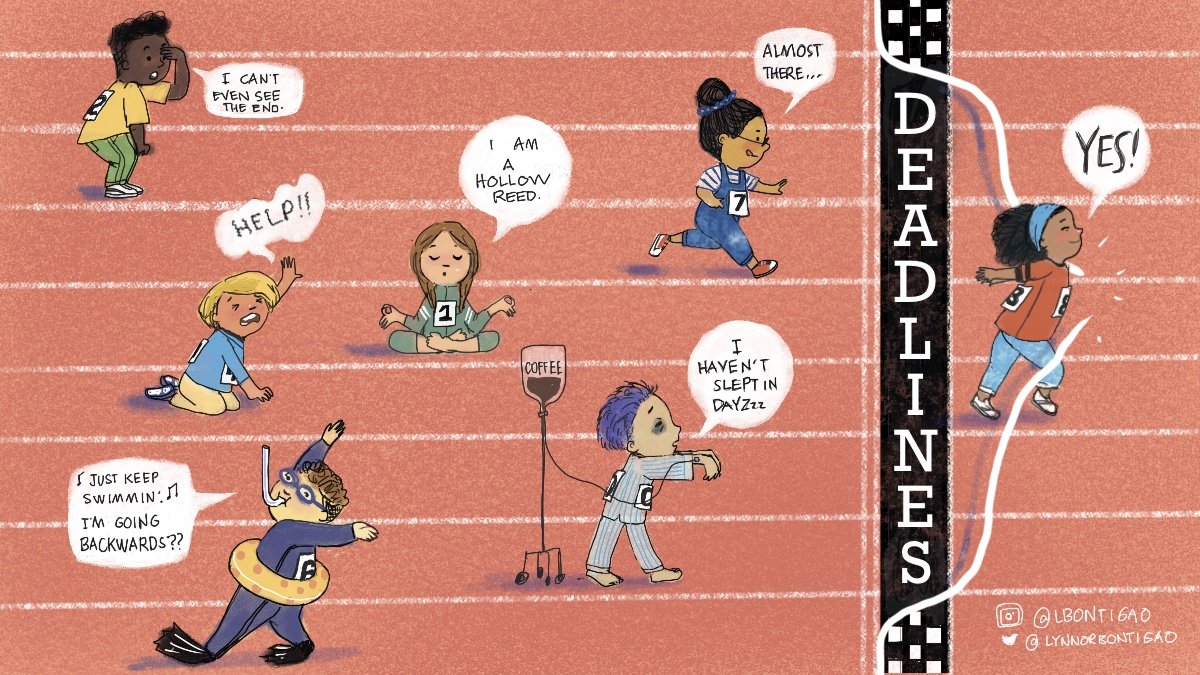 How do you deal with deadlines? I go through all these at certain points in a project. Right now, I am the swimming backwards kid. 
Which one of these kids are you? 

#deadlines #kidlit #kidlitart #illustration #books #PictureBooks #kids #finishline #andreabrownliterary