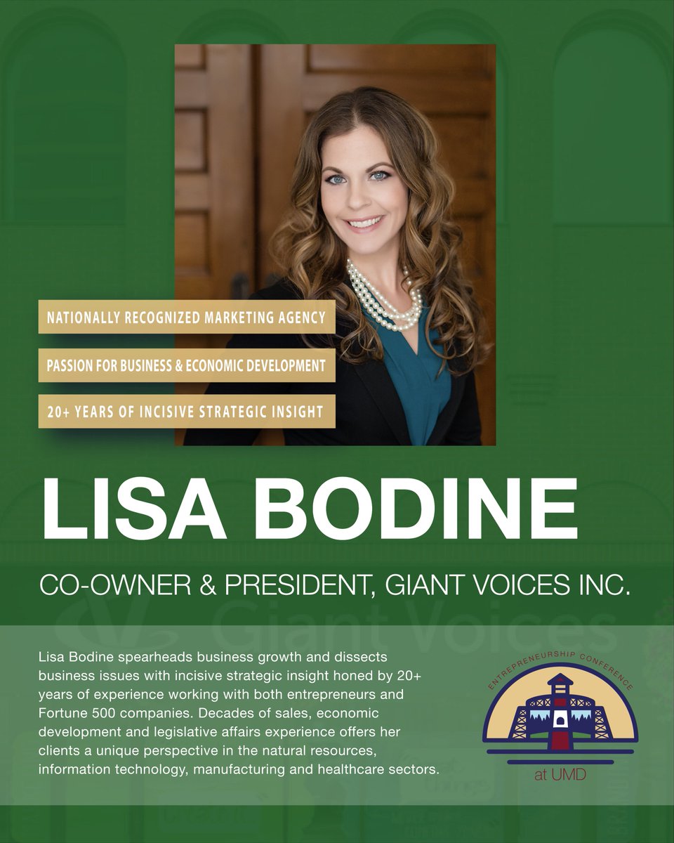 SPEAKER ANNOUNCEMENT: We are excited to announce Lisa Bodine as a keynote speaker for the 2021 Conference! 

Lisa is the co-owner and President of <a href="/GiantVoices/">Giant</a>, a nationally recognized strategic marketing agency based out of Duluth, MN. #umdconference #entrepreneurship