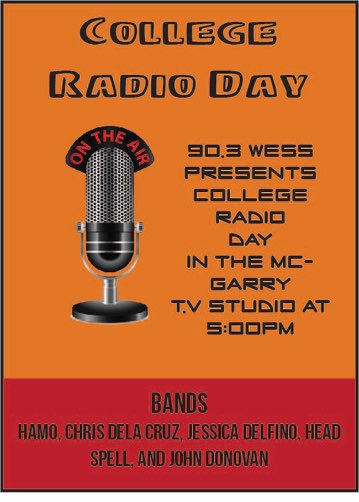 College Radio Day is tomorrow! Come down to the TV studio from 5-10 and watch some great performances!