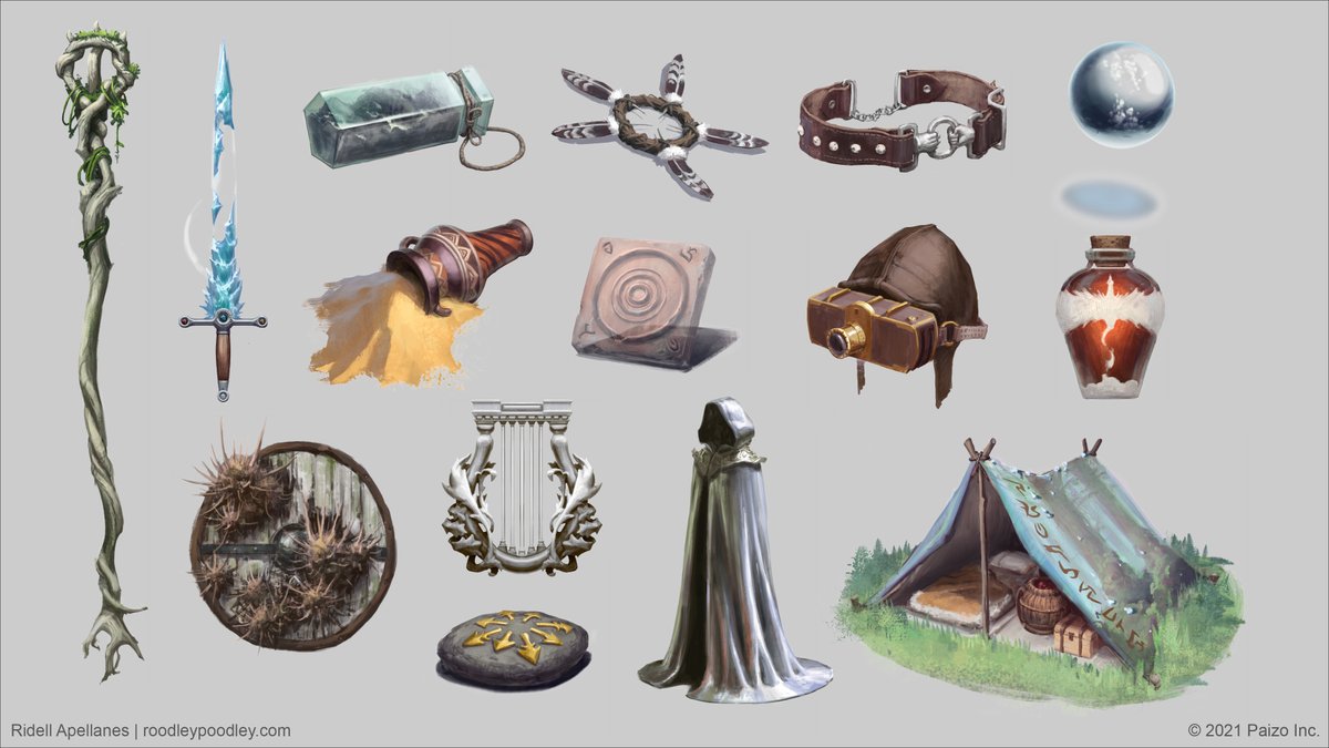 roodleypoodley's tweet photo. A gang of props done for @paizo's Pathfinder: Secrets of Magic. ⚔️🧙‍♂️🍾🎩
AD: Kyle Hunter
© Paizo Inc. 2021

#Pathfinder #SecretsOfMagic #ttrpg #rpg #dnd https://t.co/0e2j5ymM9n