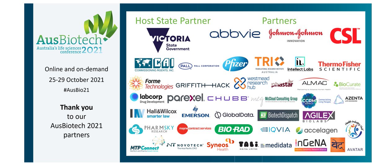 AusBiotech's tweet photo. Each year we celebrate &amp; champion the thriving Australian #lifescience community at #AusBio21 - register today to watch online and on-demand &amp; join us in thanking our supporters for helping to make our conference possible https://t.co/jaQ3rcXrwF https://t.co/NHEwujUDz4