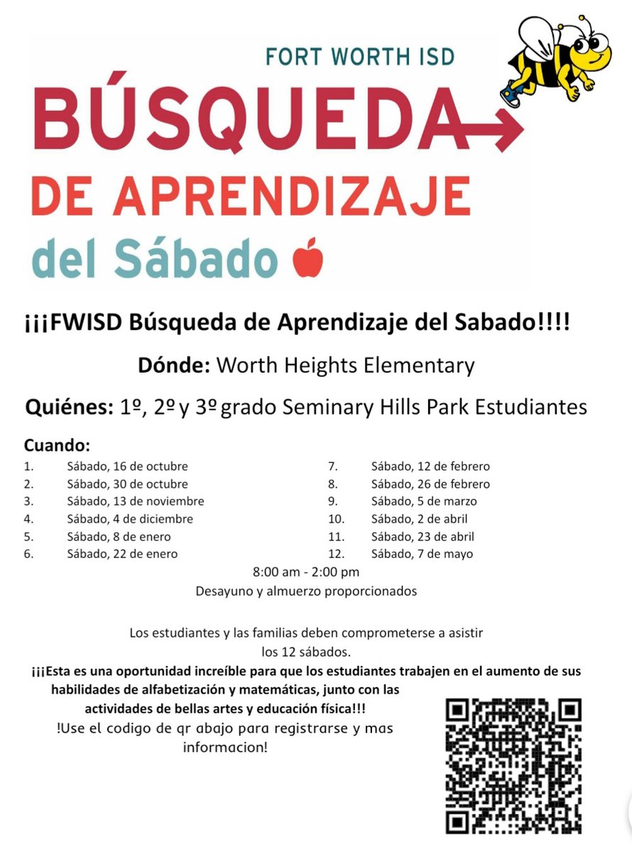 SeminaryHillsFW's tweet photo. Sign up your 1st, 2nd, and 3rd grade student for Saturday Learning Quest.  Our Bumblebees could gain so much from this program! #BeeSuccessful!@nakitabrewer8 @dbenavidez2 @penaraul @marceysorensen https://t.co/5ziI6laRxz