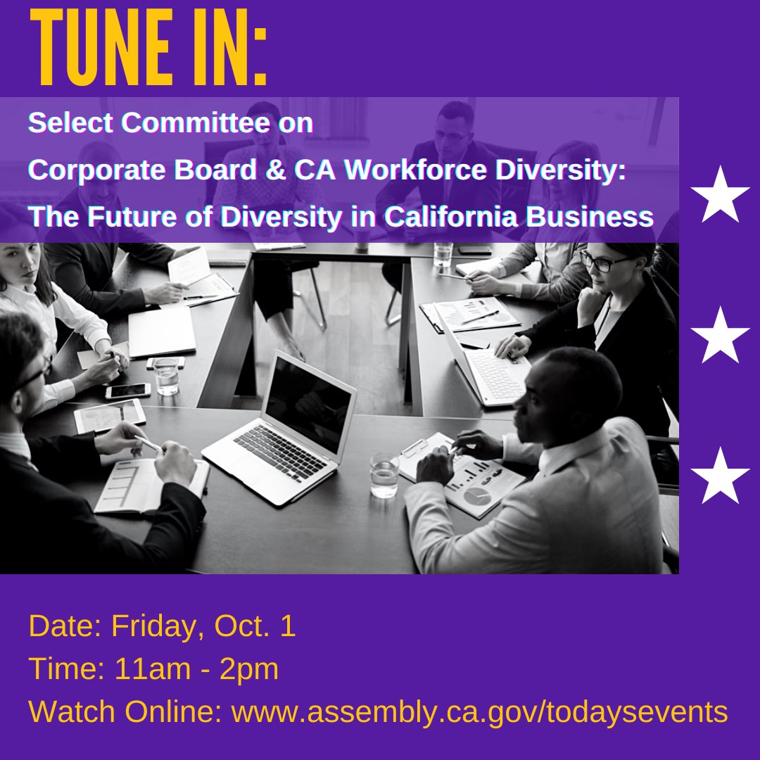AsmGarcia's tweet photo. CA is leading the way in workforce &amp; #CorpDiversity.
 
Tune in Fri. @ 11a - 2p to learn how key legislation such as #SB826 &amp; #AB979 are being implemented, &amp; hear how we are making progress in addressing the wage gap &amp; equitable distribution of public contracts. #Opportunity4All https://t.co/AX9Hhx7jCW