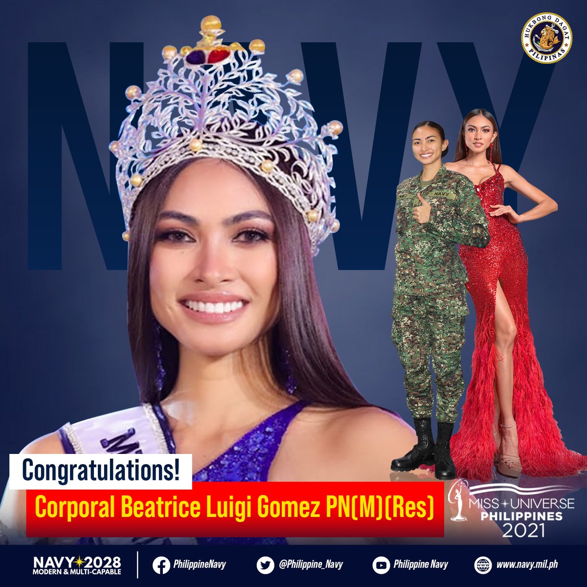 BRAVO ZULU | Navy reservist wins 🇵🇭 Ms Universe title

The PN congratulates Cpl Beatrice Luigi Gomez PN(M)(Res) for winning the crown of 🇵🇭 Ms Universe.

👀:facebook.com/10823867885325…

📸: Rappler, MUP, NRC-EV

#PHMarinesCorps
#ModernandMultiCapablePHNavy 
#AFPyoucanTRUST