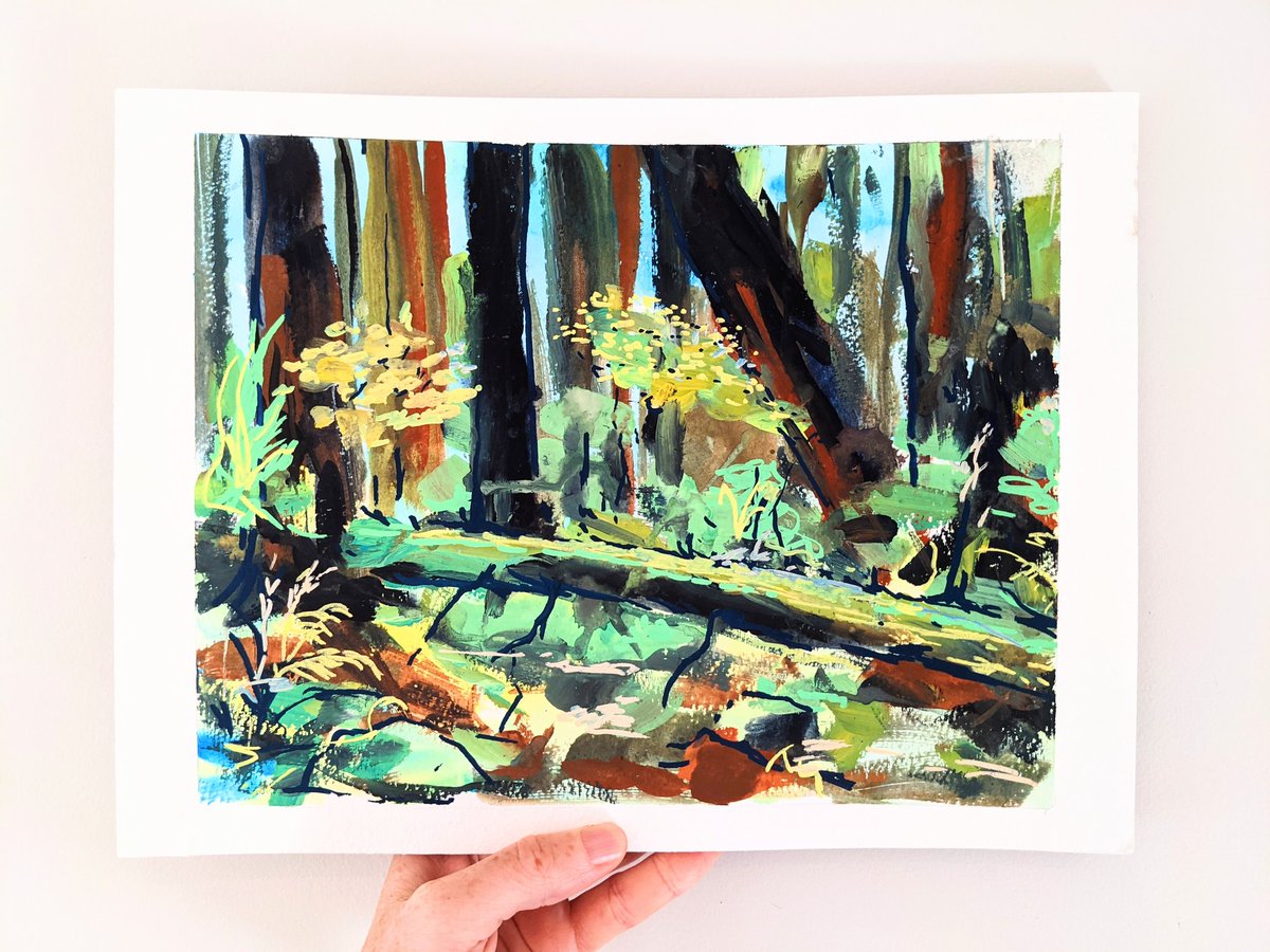 RoutAngela's tweet photo. I finally got out to the forest to do some painting. We were rained on a little, but it was magical and I can't wait to do it again. Thank you for joining me @sophienito #urbanforests #trees #paint #acrylic #pleinair #light #rainforest #pacificspirit https://t.co/qSMgsEypy2