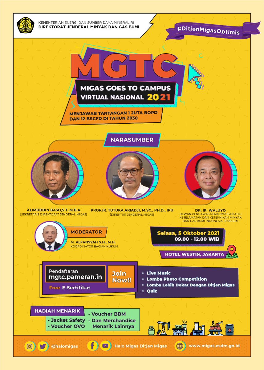 fttmitbofficial's tweet photo. Migas Goes To Campus (MGTC) akan kembali digelar secara virtual oleh Direktorat Jenderal Minyak dan Gas Bumi Kementerian ESDM pada Selasa, tanggal 5 Oktober 2021 pukul 09.00-12.00 WIB.

Yuk langsung registrasi pada tautan https://t.co/zGiCt9X8LL

@halomigas https://t.co/f8TxDTCa32