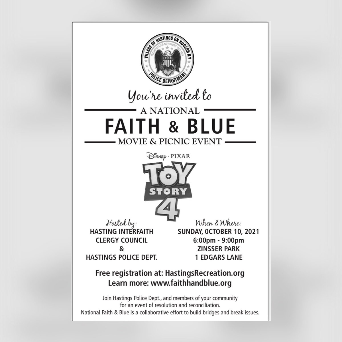 Please join us and the Hastings Interfaith Clergy Council for a Faith and Blue movie and picnic event on Sunday, Oct. 10,2021 6-9 PM at Zinsser Park. Please register at hastingsrecreation.com