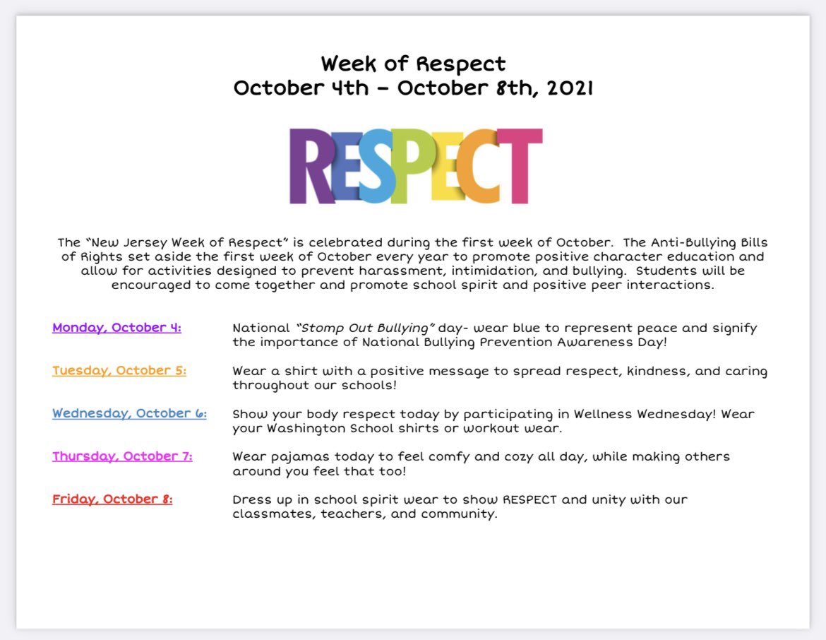 WESCounseling's tweet photo. Although we are divided into 4 different buildings, let’s all come together and show unity with our current “families” and celebrate The Week of Respect! All are invited to participate next week, October 4th-8th. We are Washington Strong! @WashCardinals ☮️ https://t.co/x5dCZRe6OY