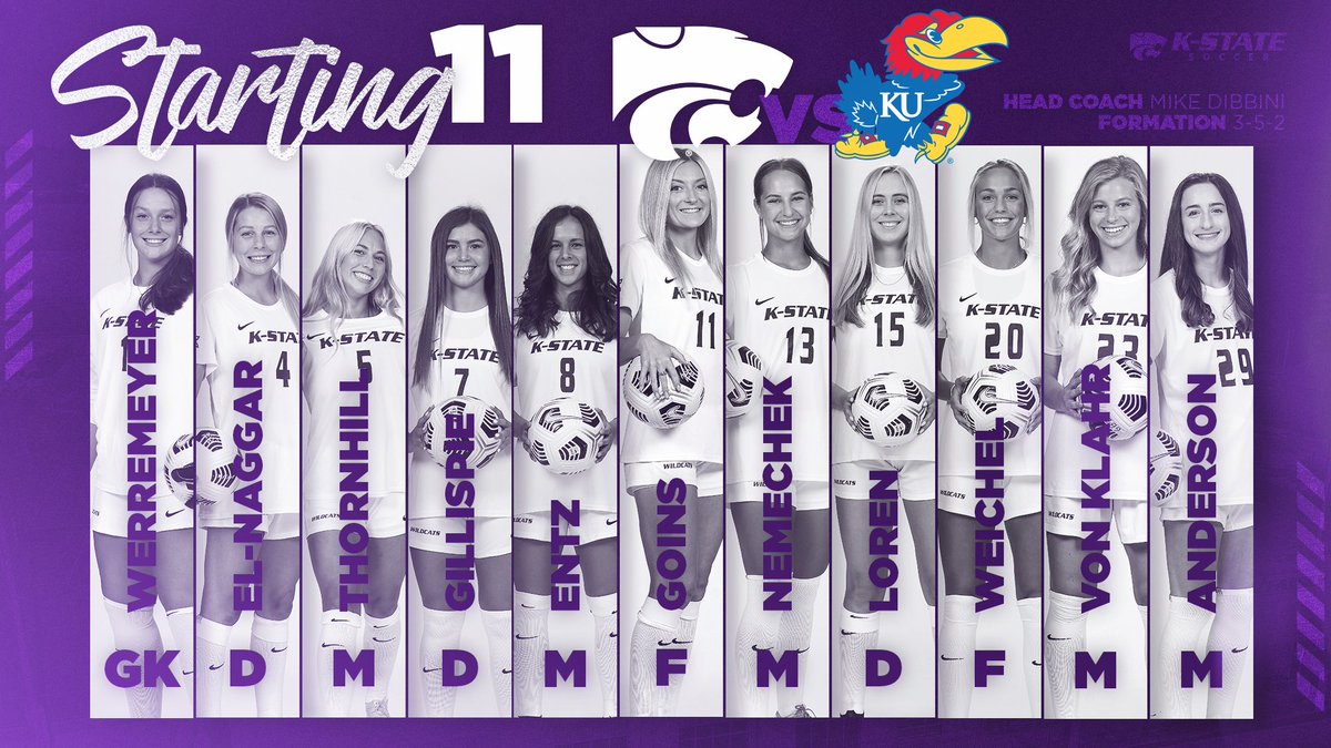 KStateSOC's tweet photo. The 2021 edition of the Sunflower Showdown is starting a little later than anticipated tonight.

Here is our starting 11. @caylee_thill will make her first start of the season.

#KStateSOC x #RisewithUS21 https://t.co/sGrDRAMwB9