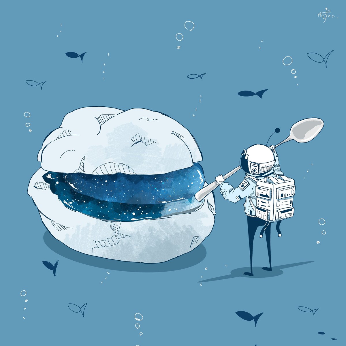 「宇宙飛行士×食べ物シリーズ
お腹すいてる人のRTを狙ってます 」|かずのこのイラスト
