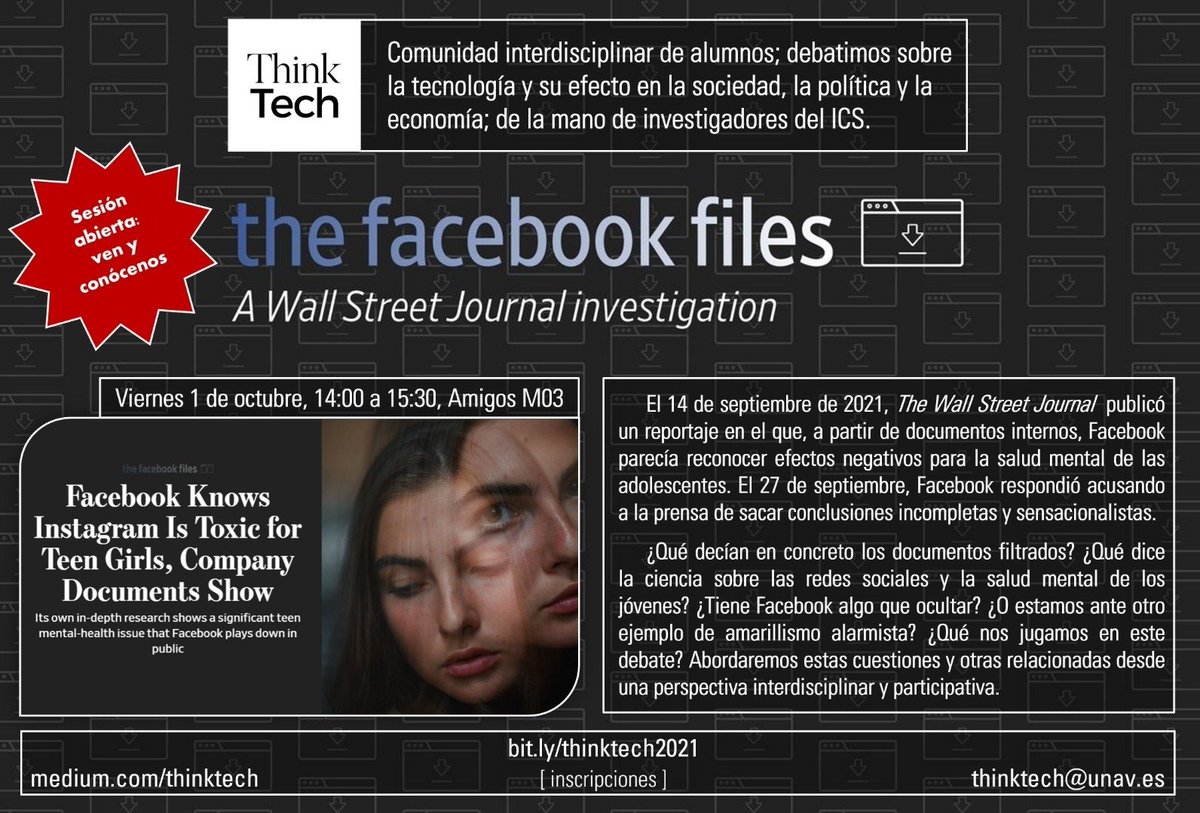 YouThinkTech's tweet photo. Arranca la nueva edición de ThinkTech Seminars, en la que analizaremos a fondo "The Facebook Files".
Hoy debatiremos sobre Instagram y salud mental: ¿es realmente nocivo? ¿o estamos ante otro ejemplo de pánico sensacionalista? ¿qué dice la ciencia? 👉🏼 Hoy 14:00 Amigos Aula M03 https://t.co/vg7zHuW7ab