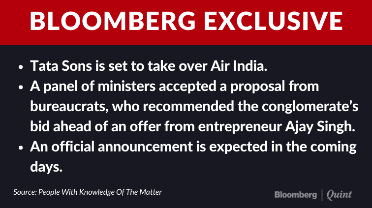 shukla_tarun's tweet photo. BREAKING :

- After 68 years of being taken away, Tatas win Air India, per @business

- Announcement soon (shraadh, so after 6th Oct?)

- SpiceJet's Ajay Singh being the losing bidder. https://t.co/aSOAlfD3if