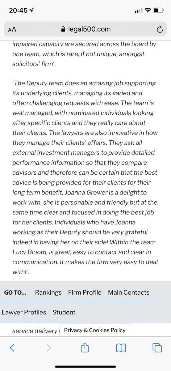 Very proud to be listed in the #legal500 in #tier1 for #courtofprotection work. I am privileged to work with the most amazing team uk wide who support some of the most #vulnerableclients in society @LucyBloomIM <a href="/JuliaLomas2/">Julia Hill (nee Lomas)</a> <a href="/CWaiteIM/">Charlotte Waite</a> <a href="/loufiges/">Louisa Chadwick</a> <a href="/IMDHodkinson/">Damian Hodkinson</a>