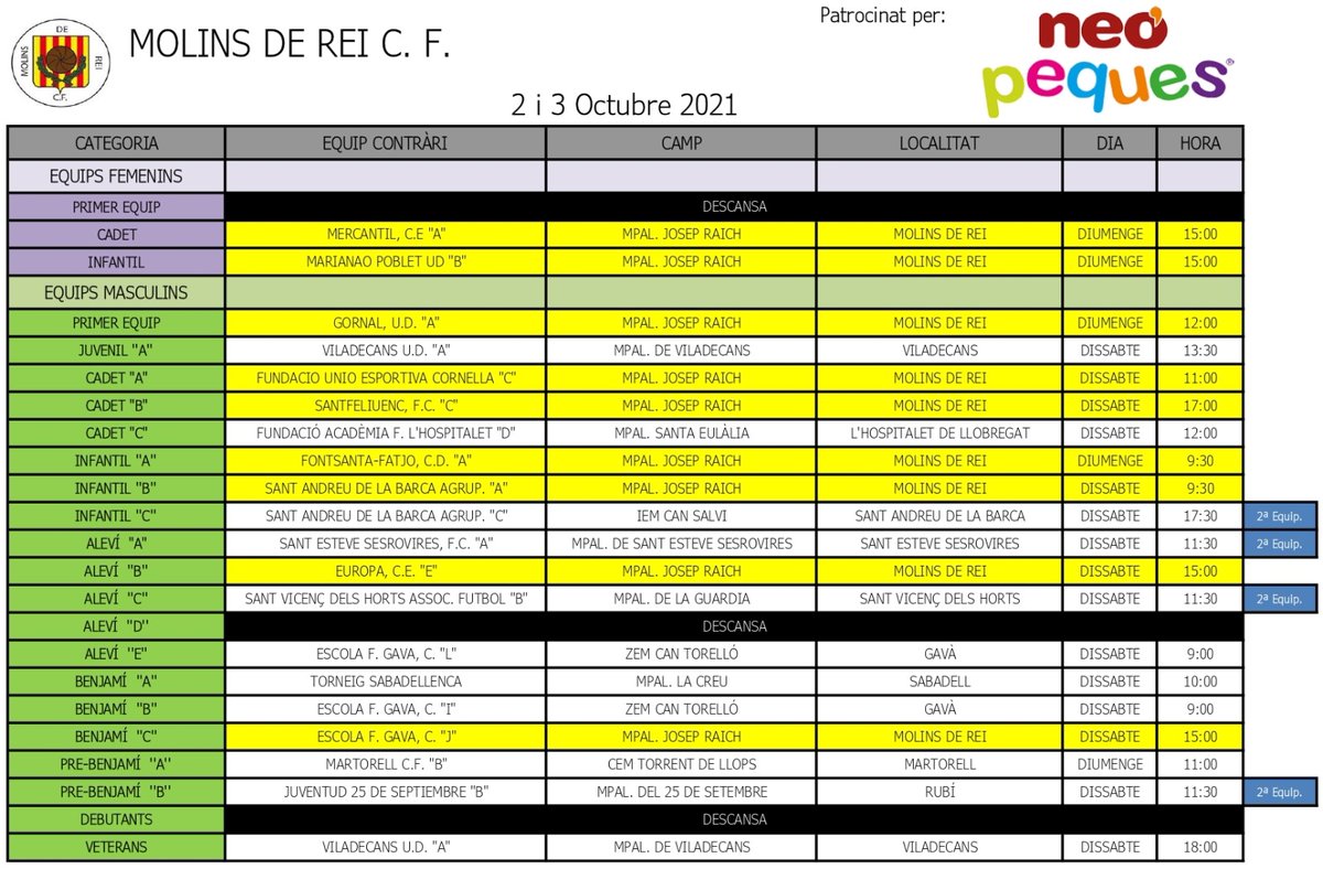 molinscf's tweet photo. #CalendariPartits |
✔️Amb el patrocini dels amics de @NeovitalHealth
📅2-3 octubre
⚽Continuen els partits amistosos i comencen la competició els 1a Divisió!
‼️El #PrimerEquip masculí debuta diumenge en Lliga a casa!
#orgullmolinenc #molinsderei #molinscf https://t.co/yWxU8tgC0z