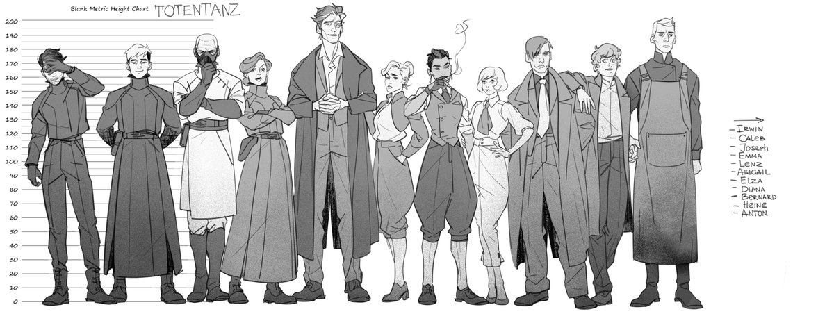 1. Introduction. 
Good thing I've made a lineup a while ago. They are all from my comic Totentanz. I'm gonna talk about two main groups: Mortis Bureau and Alchemists as two opposing forces (Bernard, Heine, and Anton are not invited, sorry). 