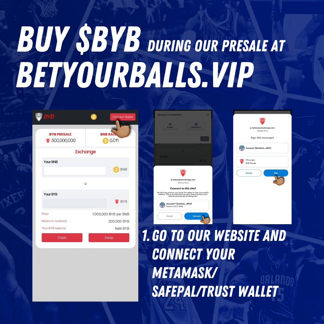 BetYourBallsVIP's tweet photo. BUY $BYB at https://t.co/qlfKxpuntN for our #presale, starting tomorrow! 

Connect your Metamask/Safepal/Trust wallet to the $BYB auto swap #dapp on our website to exchange your #BNB to $BYB 🏀

#BetYourBalls #BYBPreseason  #newcoin #altcoin #bscgem #defi #crypto https://t.co/63B1tqWMlw