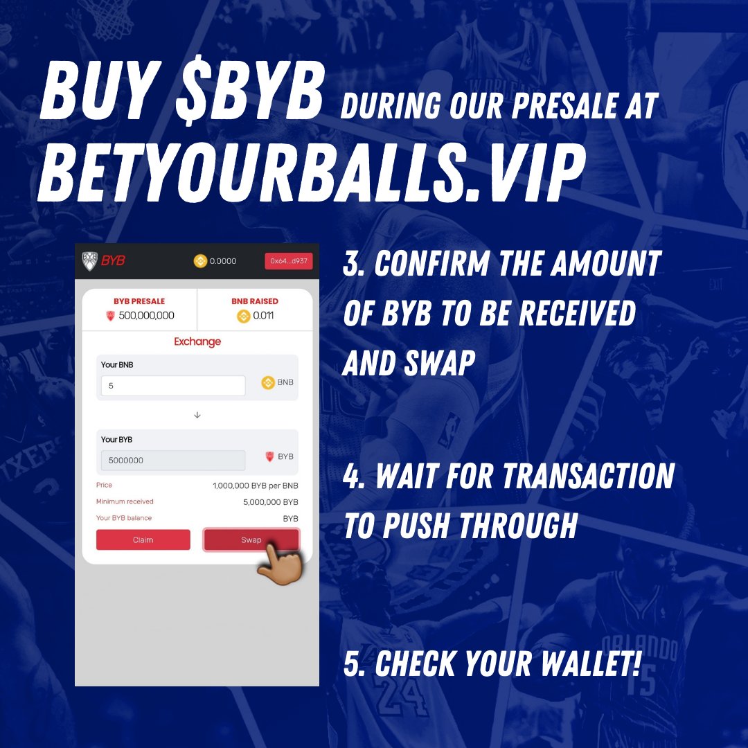 BetYourBallsVIP's tweet photo. BUY $BYB at https://t.co/qlfKxpuntN for our #presale, starting tomorrow! 

Connect your Metamask/Safepal/Trust wallet to the $BYB auto swap #dapp on our website to exchange your #BNB to $BYB 🏀

#BetYourBalls #BYBPreseason  #newcoin #altcoin #bscgem #defi #crypto https://t.co/63B1tqWMlw