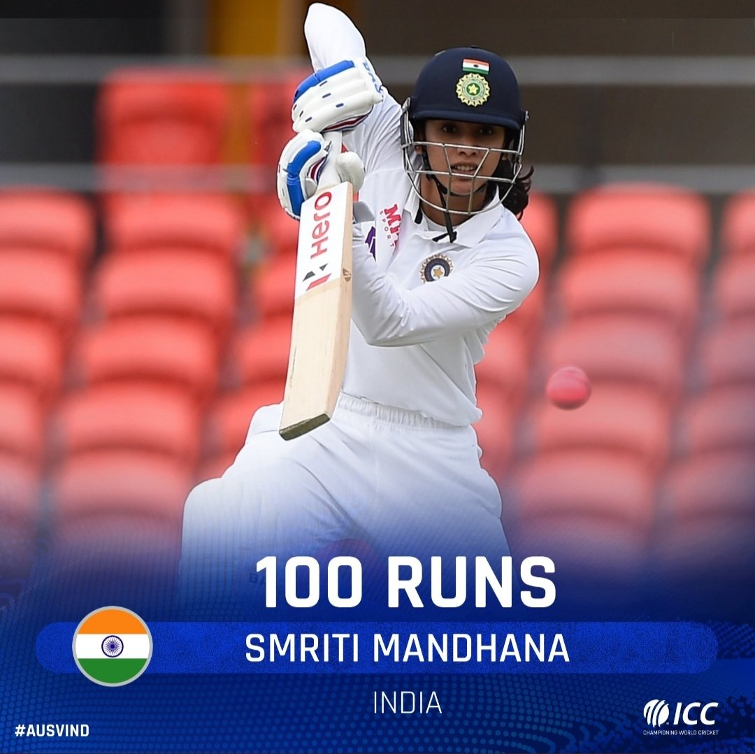vikas_jhalani's tweet photo. First test century by @mandhana_smriti 
Well played deserve a century  🇮🇳🇮🇳
#AUSvIND #PinkBallTest #SmritiMandhana #century @BCCI https://t.co/hmEz8pQvLA