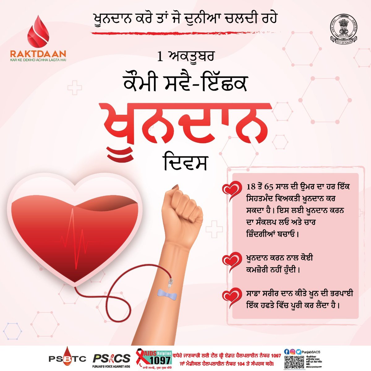 punjabsacs's tweet photo. 1st October 2021
"National Voluntary Blood Donation Day"
Anyone between the age of 18 and 65 years and in normal health can be a blood donor.
#hiv #hivawareness #hivtesting #hivprevention #nationalaidscontrolorganisation #naco #nacoindia #who #bloodbanks https://t.co/YN5HykL7YQ