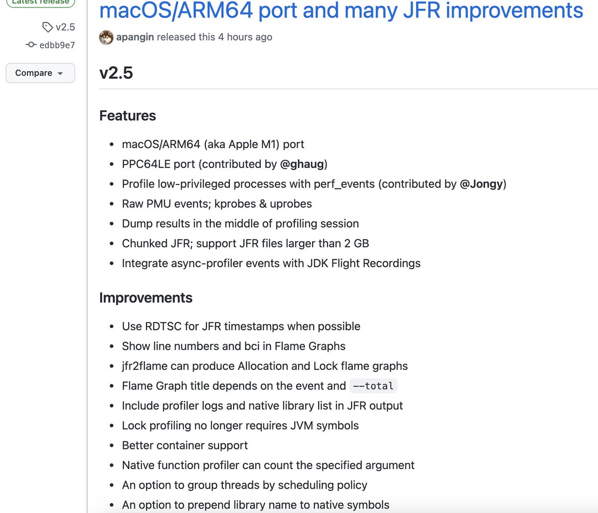 New release of Async Profiler 👏👏👏 <a href="/AndreiPangin/">Andrei Pangin</a>