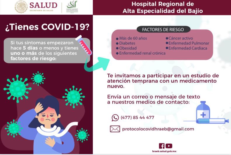 doctormacias's tweet photo. El hospital de Alta Especialidad de León Guanajuato está haciendo un protocolo de manejo temprano de COVID. Si tienes COVID puedes formar parte de este protocolo; checa los criterios de inclusión. https://t.co/qI7wFPxBzf