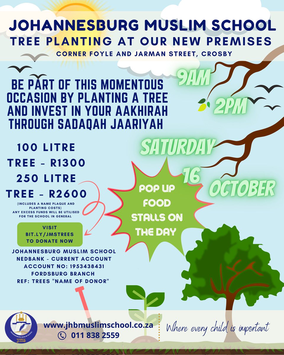jmsschool's tweet photo. Tree Planting Day at our new premises. Saturday 16 October. 

#jms #johannesburgmuslimschool #teamjms #johannesburg #newschool #sadaqah #trees #islam #Alhamdulillah #southafrica https://t.co/8rKqNvb3n6
