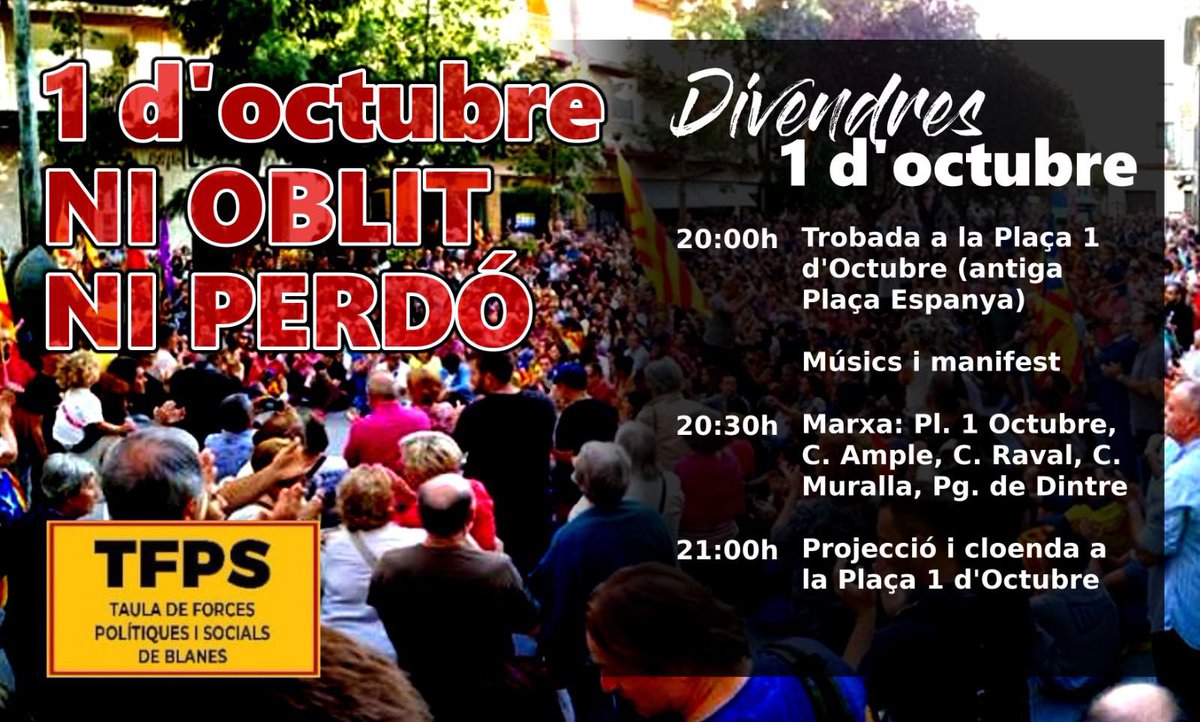 RosaM_Brunet's tweet photo. Fa 4 anys hi erem. Des de la Taula de forces de @Blanes_cat avui hi tornarem a ser units, determinats i mobilitzats per l’amnistia, l’autodeterminació i la República catalana #TFPS @omniumselvamar @BlanesXIndep @CdrBlanes @ercblanes @juntsperblanes @cupblanes https://t.co/pPAhDEtPlY