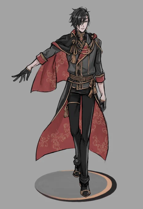 光忠さんの刀ミュ衣装洋装ver捏造らくがき。以前描いたmistake幻覚絵の全身ラフが残っていたので色をのせてみました🌹 