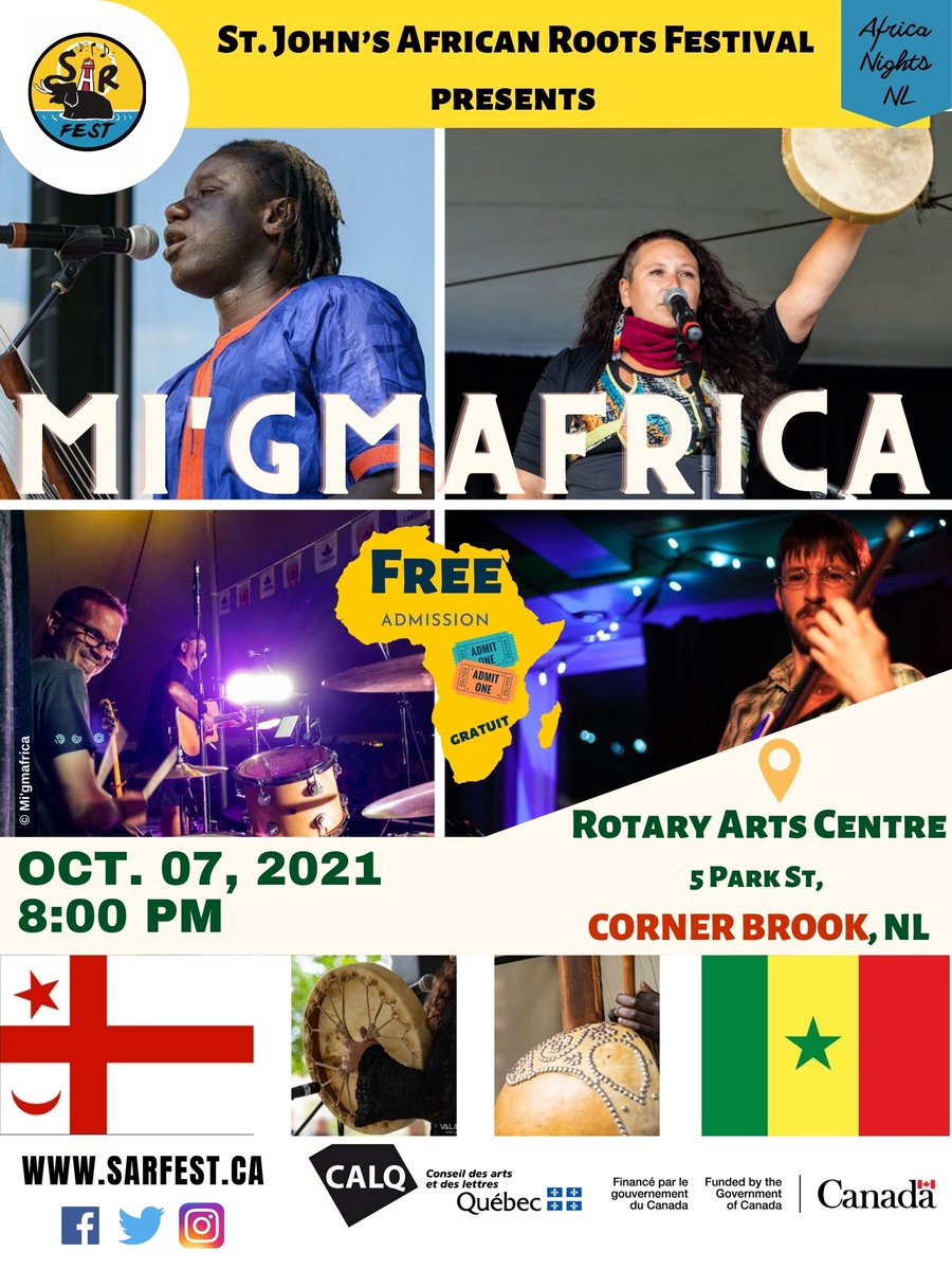 🌟 Mi'gmafrica Concert 🌟

To mark the very first National Truth and Reconciliation Day, SARFest is pleased to invite you to discover the group Mi'gmafrica for a FREE concert in Corner Brook on October 7 at 8:00 p.m. at the Rotary Arts Center - (5 Park Street, Corner Brook, NL).