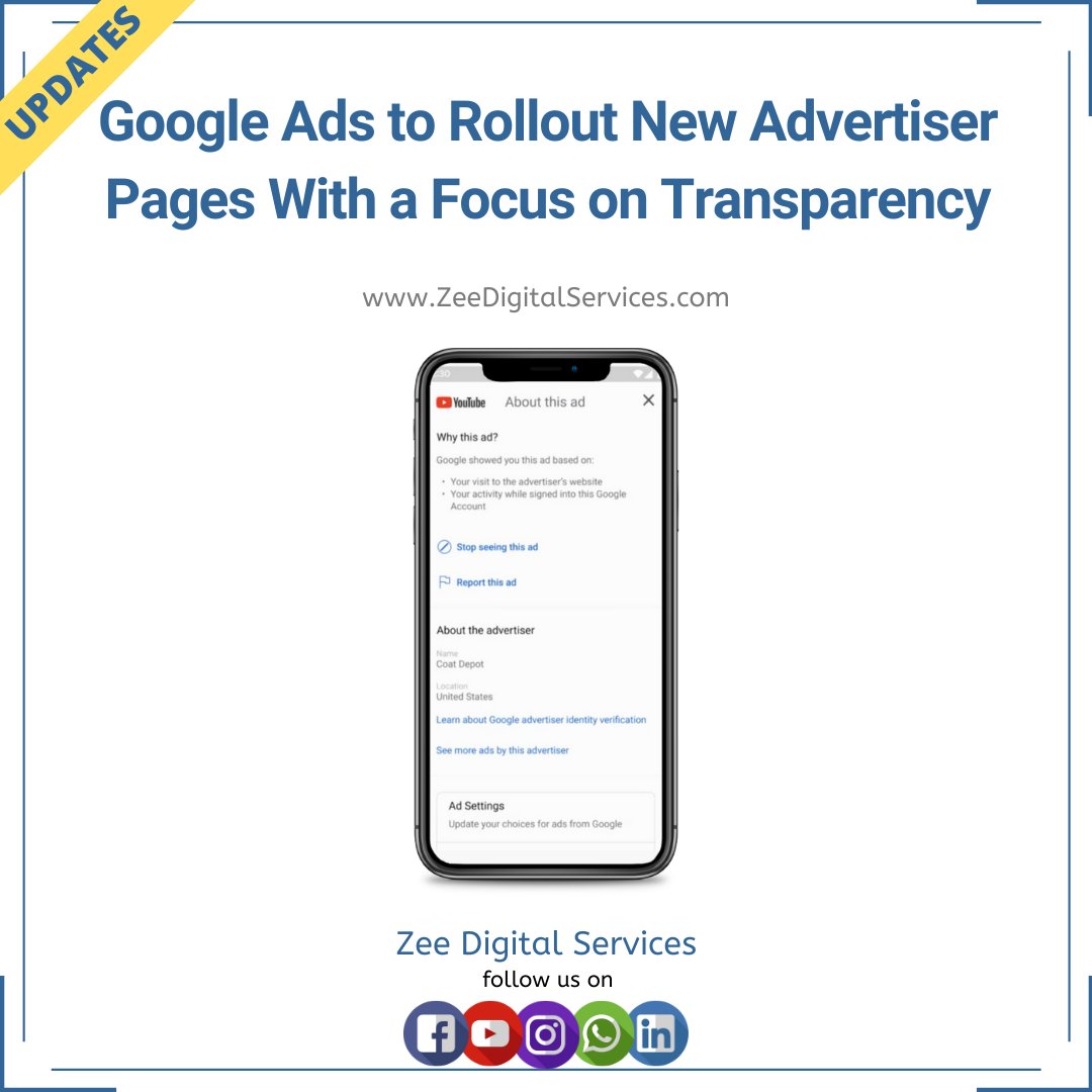 Zee_Digital_Ser's tweet photo. Google Ads is increasing transparency by providing users more background on verified advertisers. Here's what you need to know!

If you like 👍 Digital Marketing 📢 then follow ✅ us &amp; never miss any updates 🔔

Pls share 📲

#googleads #googleadstips #googleadswords #googleadsex https://t.co/qLm4oXdcAc