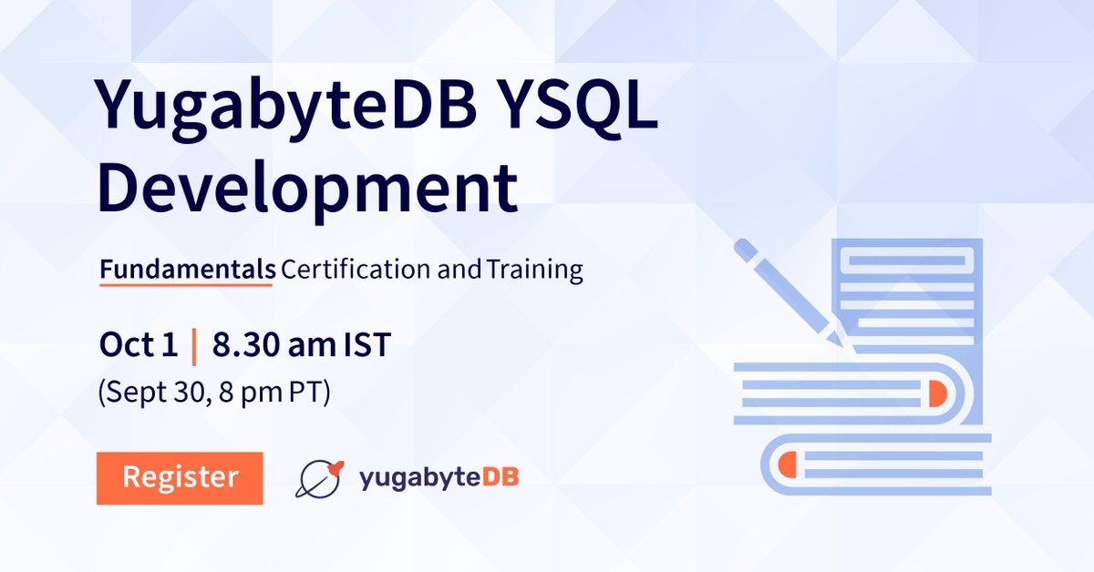 Yugabyte's tweet photo. In 30 mins, we are hosting our #YugabyteDB #YSQL Development Fundamentals Certification and Training!
Join us now: https://t.co/Skv4hRdZeV https://t.co/PTM3rhis4E