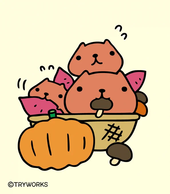 もりもり～ん 秋の味覚

#秋の味覚 #かぼちゃ #さつまいも #きのこ #カピバラさん #仔カピ兄 #仔カピ 