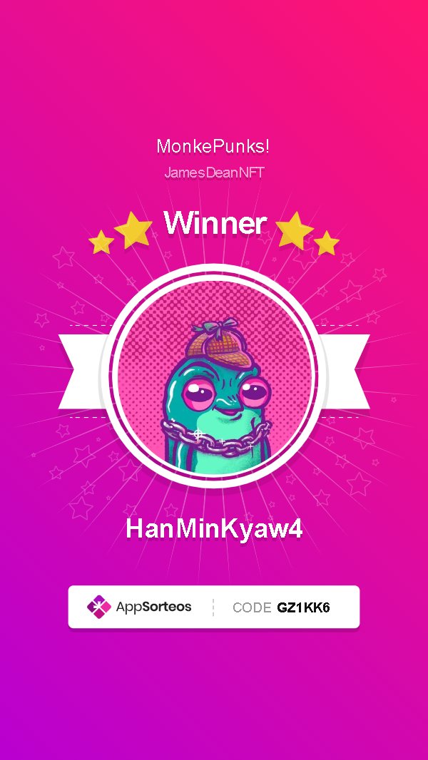 JamesDeanNFT's tweet photo. Congrats to @HanMinKyaw4! 🏆

You won the @MonkePunks giveaway! 🎉

Thanks for joining and for more giveaways please follow @EvilJamesDean. https://t.co/a7dQsY4CkC