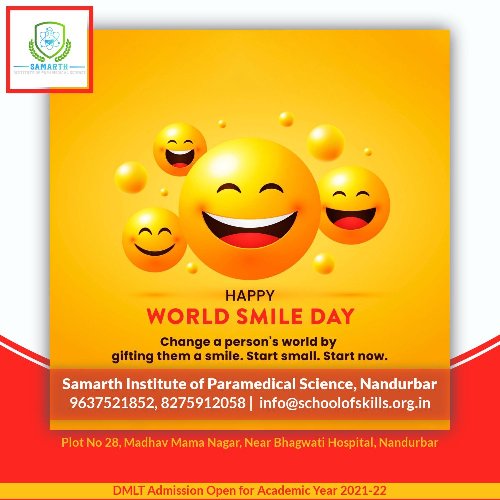 Smile, it’s the key that fits the lock on everyone’s hearts and makes everything easier. Wish you a very happy World Smile Day.

#HappyWorldSmileDay #happy #smile 
#DMLT #admissionsopen2021 #college #nandurbar

<a href="/InfoNandurbar/">DISTRICT INFORMATION OFFICE, NANDURBAR</a> <a href="/NandurbarSmart/">Nandurbar Smart City</a>