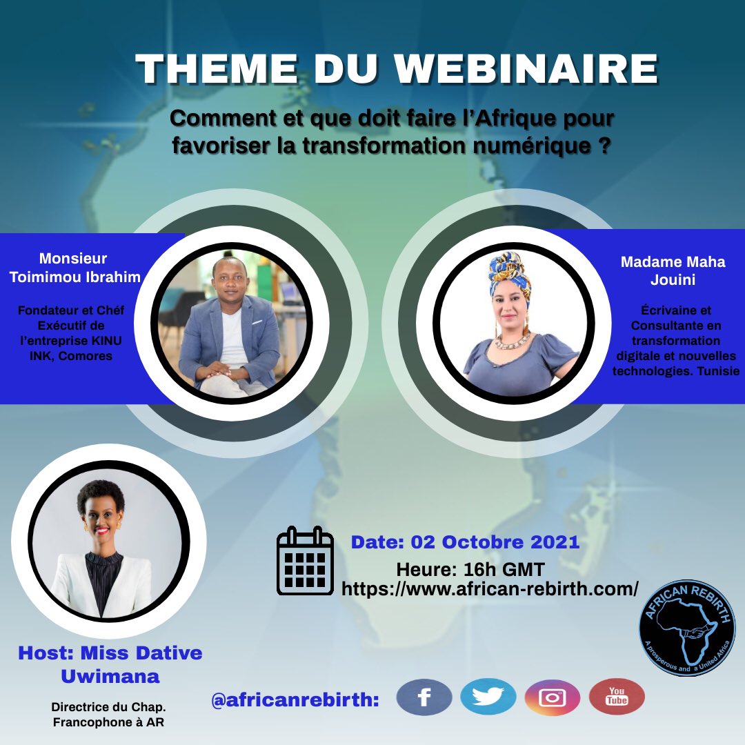 african_rebirth's tweet image. Et voilà. 
Nous y sommes déjà à notre deuxième webinaire, où on va parler de l’Afrique digitale.
Hâte d’être avec nos merveilleux panélistes  @Mehajouini et @IMTOIMIMOU 
.
#EnsemblepouruneAfriqueunieetprospère.
#paix #unité #Prospérité #jeunesseafricaine